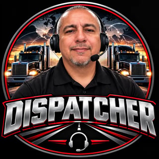 Man wearing headset with microphone in front of semi-trucks with DISPATCHER text logo on circular red-bordered emblem