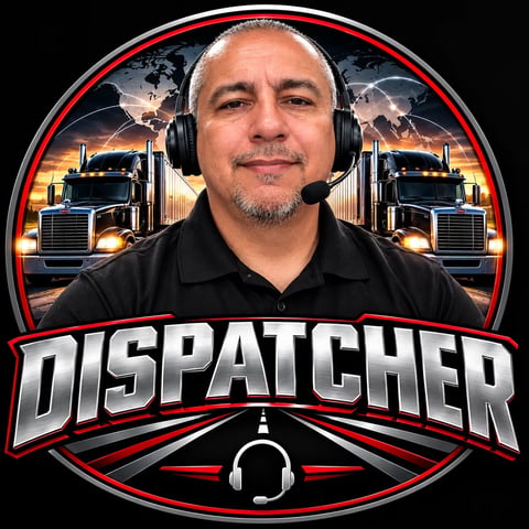 Man wearing headset with microphone in front of semi-trucks with DISPATCHER text logo on circular red-bordered emblem