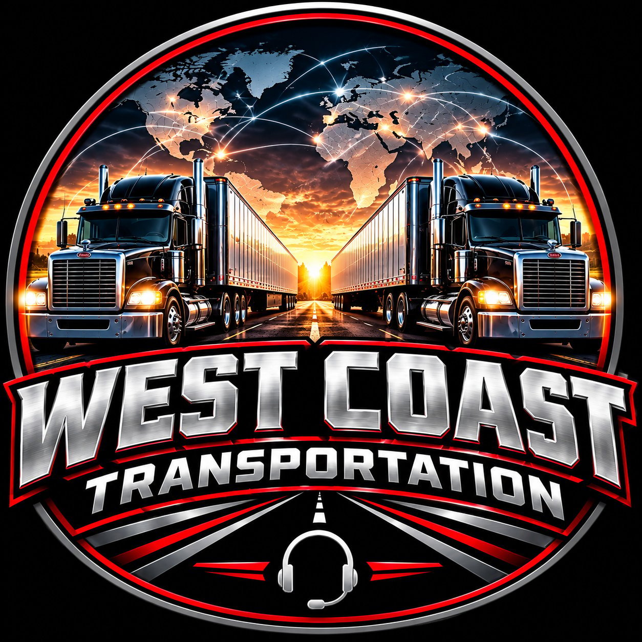West Coast Transportation logo with two semi-trucks on a highway at sunset, world map overlay, and red circular badge design